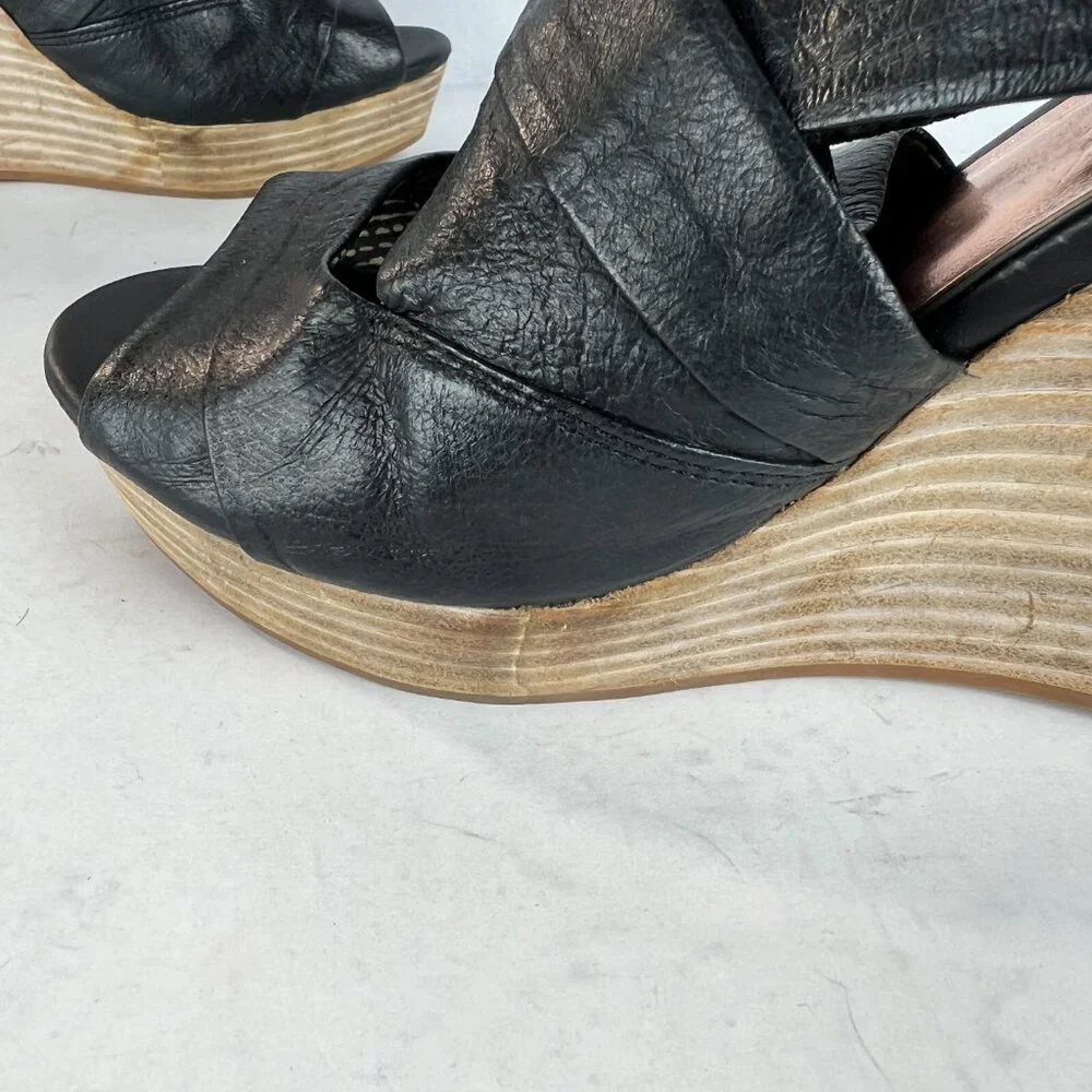 Seychelles Sandals Womens 8.5 Black Leather Wedge Stacked Heel Criss Cross‎